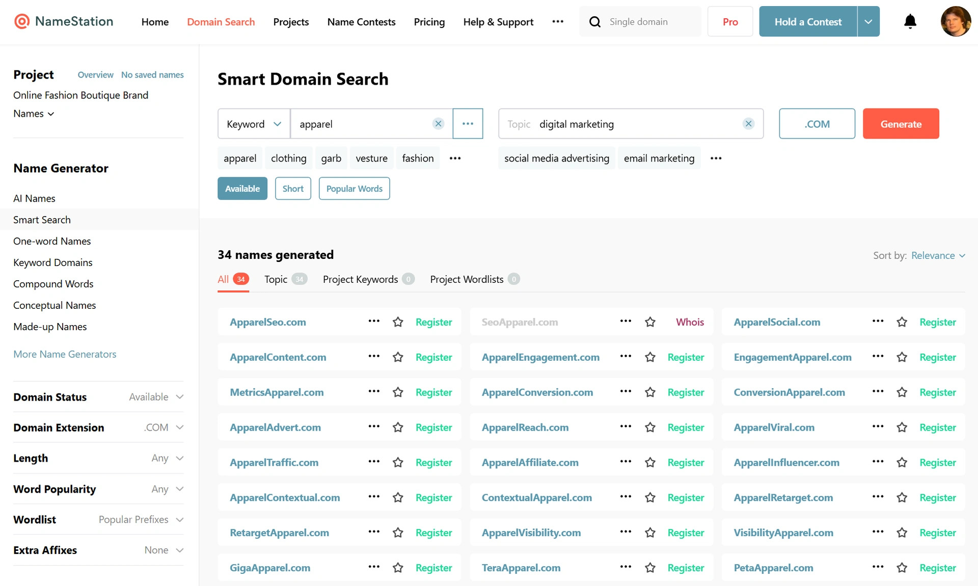 NameStation project screenshot - Professional Domain Search Platform with AI featuring React, TypeScript, Next.js